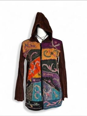 Rising International Brown Multicolor Patchwork Embroidered Hooded Sweater